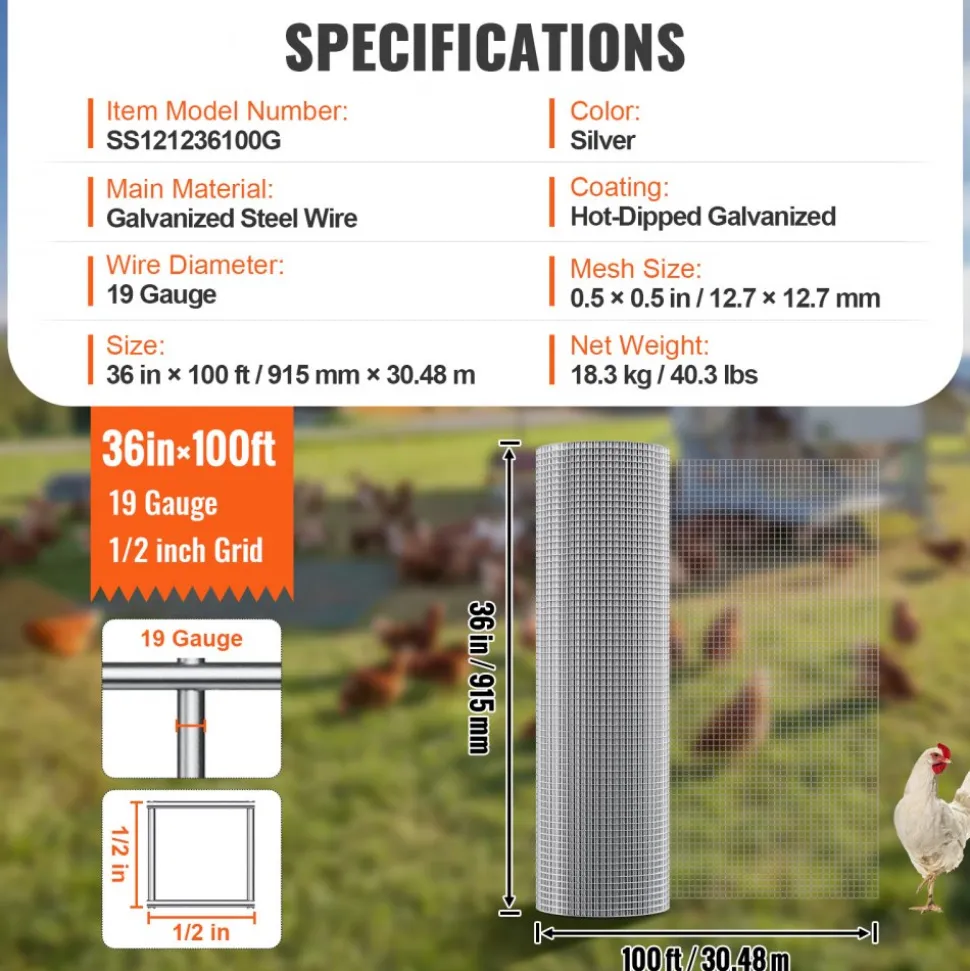 VEVOR Hardware Cloth 1/2 inch 36 inch x 100 ft 19 Gauge Chicken Wire Fence, Hot-Dip Galvanized After Welding Metal Wire Mesh Roll, Garden Plant Welded Fencing Roll Supports Poultry Netting Cage Fence