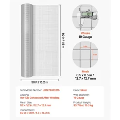 VEVOR Hardware Cloth, 1/2 inch 72 inch x 50 ft 19 Gauge Chicken Wire Fence, Hot-Dip Galvanized After Welding Metal Wire Mesh Roll, Garden Plant Welded Fencing Roll Supports Poultry Netting Cage Fence