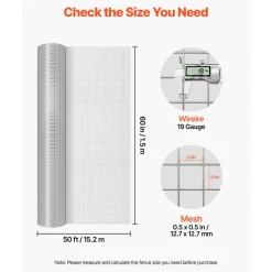 VEVOR Hardware Cloth, 1/2 inch 72 inch x 50 ft 19 Gauge Chicken Wire Fence, Hot-Dip Galvanized After Welding Metal Wire Mesh Roll, Garden Plant Welded Fencing Roll Supports Poultry Netting Cage Fence