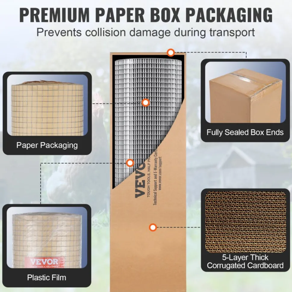 VEVOR Hardware Cloth, 1/2 inch 72 inch x 100 ft 19 Gauge Chicken Wire Fence, Hot-Dip Galvanized After Welding Metal Wire Mesh Roll, Garden Plant Welded Fencing Roll Supports Poultry Netting Cage Fence