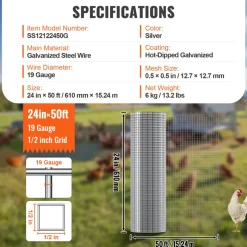 VEVOR Hardware Cloth, 1/2 inch 72 inch x 100 ft 19 Gauge Chicken Wire Fence, Hot-Dip Galvanized After Welding Metal Wire Mesh Roll, Garden Plant Welded Fencing Roll Supports Poultry Netting Cage Fence