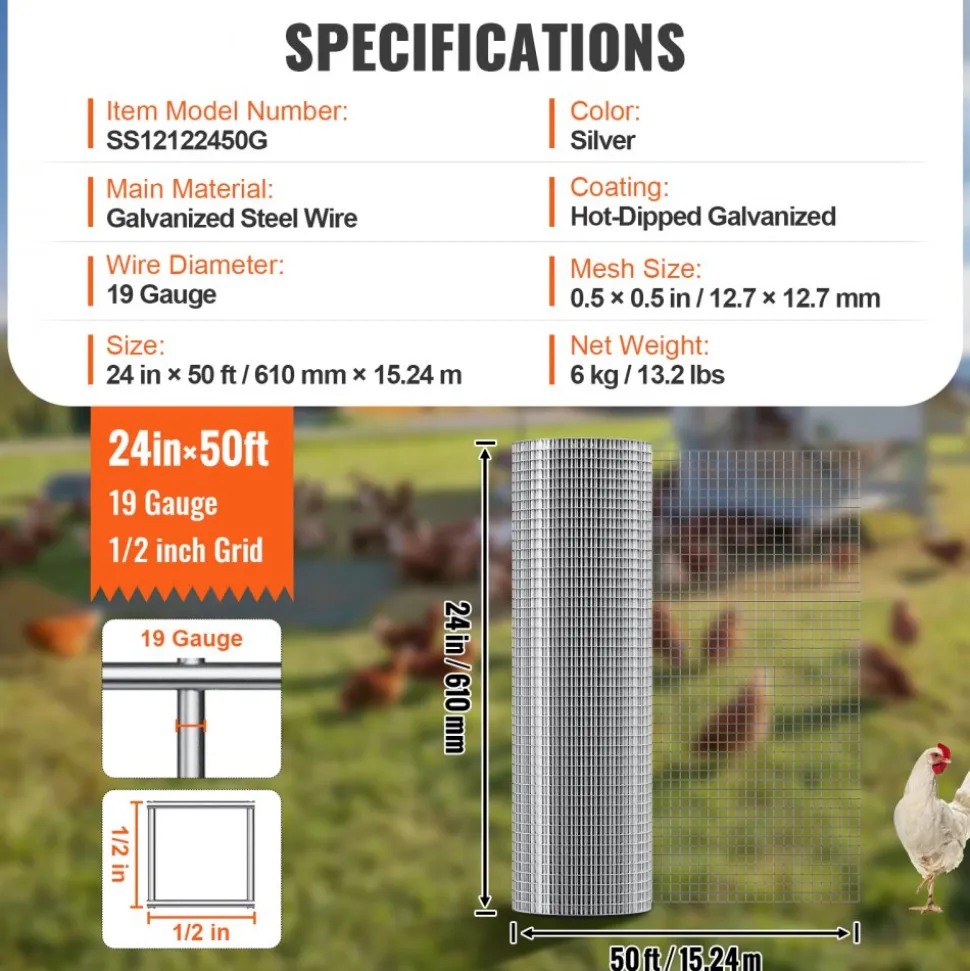 VEVOR Hardware Cloth, 1/2 inch 72 inch x 100 ft 19 Gauge Chicken Wire Fence, Hot-Dip Galvanized After Welding Metal Wire Mesh Roll, Garden Plant Welded Fencing Roll Supports Poultry Netting Cage Fence