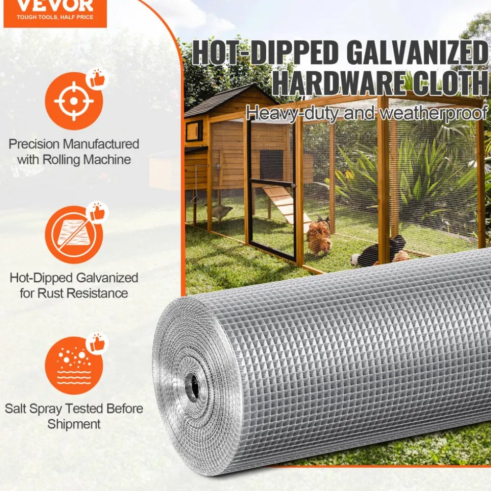 VEVOR Hardware Cloth, 1/4 inch 48in x 100 ft 23 Gauge, Hot Dipped Galvanized Wire Mesh Roll, Chicken Wire Fencing, Wire Mesh for Rabbit Cages, Garden, Small Rodents