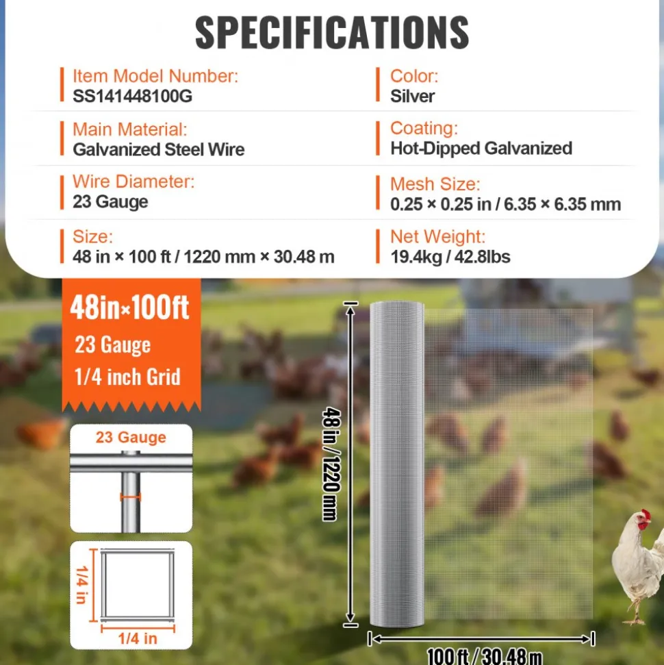 VEVOR Hardware Cloth, 1/4 inch 48in x 100 ft 23 Gauge, Hot Dipped Galvanized Wire Mesh Roll, Chicken Wire Fencing, Wire Mesh for Rabbit Cages, Garden, Small Rodents