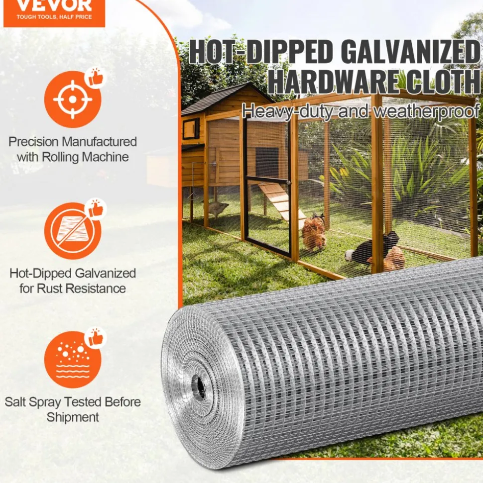 VEVOR Hardware Cloth, 1/2 inch 36in x 100 ft 19 Gauge, Hot Dipped Galvanized Wire Mesh Roll, Chicken Wire Fencing, Wire Mesh for Rabbit Cages, Garden, Small Rodents