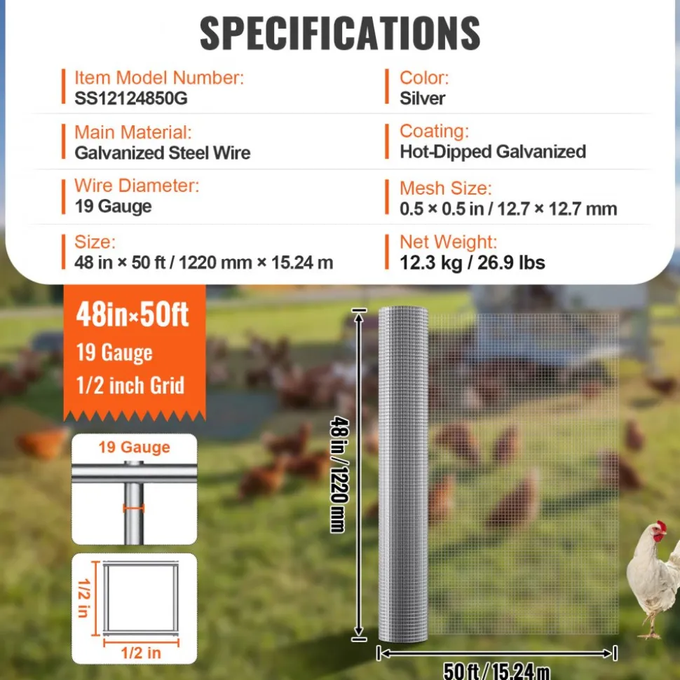 VEVOR Hardware Cloth, 1/2 inch 36in x 100 ft 19 Gauge, Hot Dipped Galvanized Wire Mesh Roll, Chicken Wire Fencing, Wire Mesh for Rabbit Cages, Garden, Small Rodents