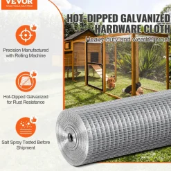 VEVOR Hardware Cloth, 1/2 inch 24in x 25 ft 19 Gauge, Hot Dipped Galvanized Wire Mesh Roll, Chicken Wire Fencing, Wire Mesh for Rabbit Cages, Garden, Small Rodents