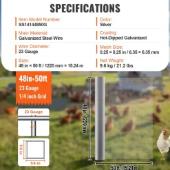 VEVOR Hardware Cloth, 1/4 inch 48in x 50 ft 23 Gauge, Hot Dipped Galvanized Wire Mesh Roll, Chicken Wire Fencing, Wire Mesh for Rabbit Cages, Garden, Small Rodents