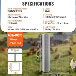 VEVOR Hardware Cloth, 1/2 inch 48in x 100 ft 19 Gauge, Hot Dipped Galvanized Wire Mesh Roll, Chicken Wire Fencing, Wire Mesh for Rabbit Cages, Garden, Small Rodents