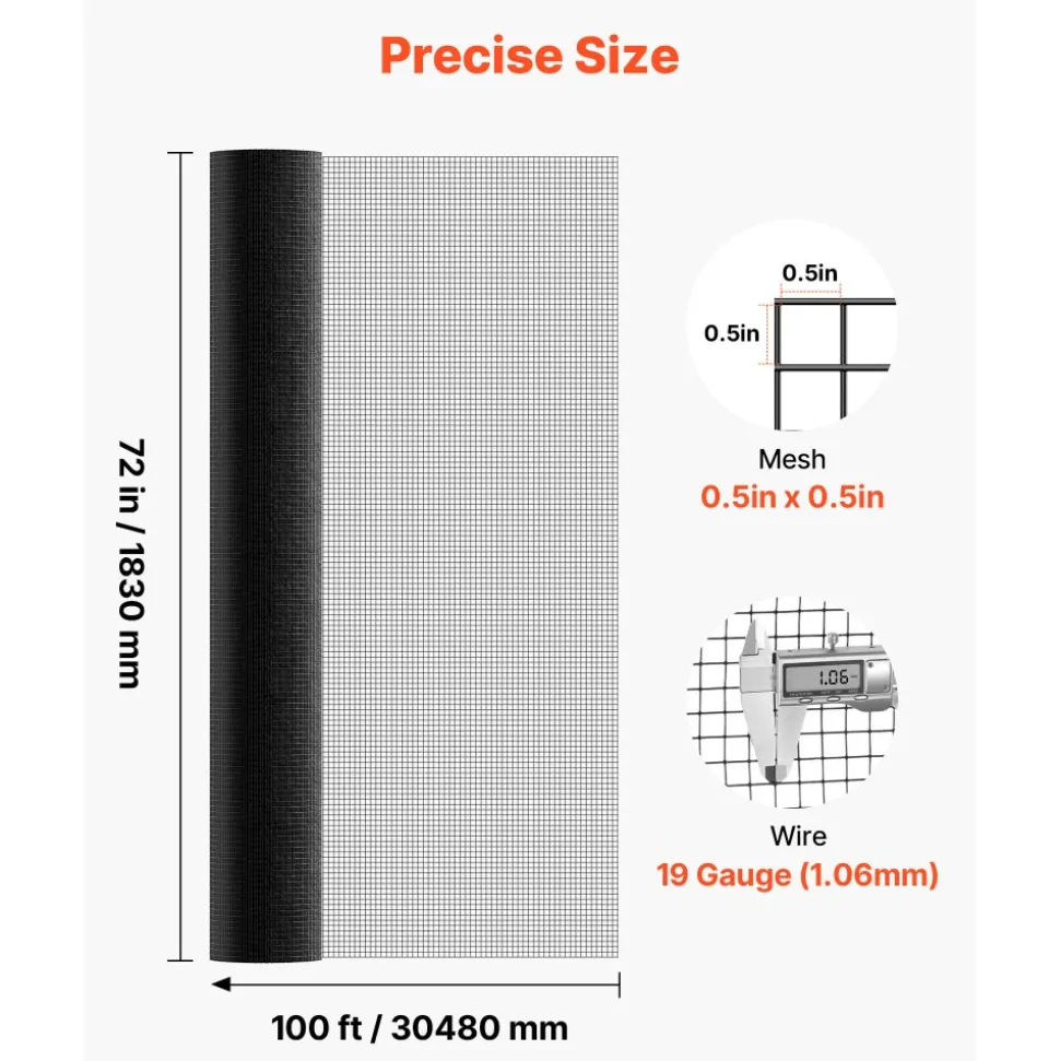 VEVOR Hardware Cloth 72 in x 100 ft, 1/2 in 19 Gauge Galvanized Wire Mesh Roll, Weather-Resistant Vinyl Coated Chicken Wire Fencing, Heavy Duty Welded Garden Plant Fencing for Rabbit Cage Snake Fence