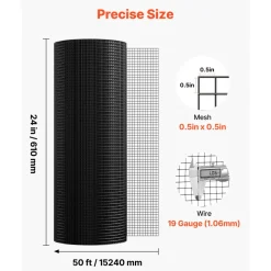 VEVOR Hardware Cloth 24 in x 50 ft, 1/2 in 19 Gauge Galvanized Wire Mesh Roll, Weather-Resistant Vinyl Coated Chicken Wire Fencing, Heavy Duty Welded Garden Plant Fencing for Rabbit Cage Snake Fence