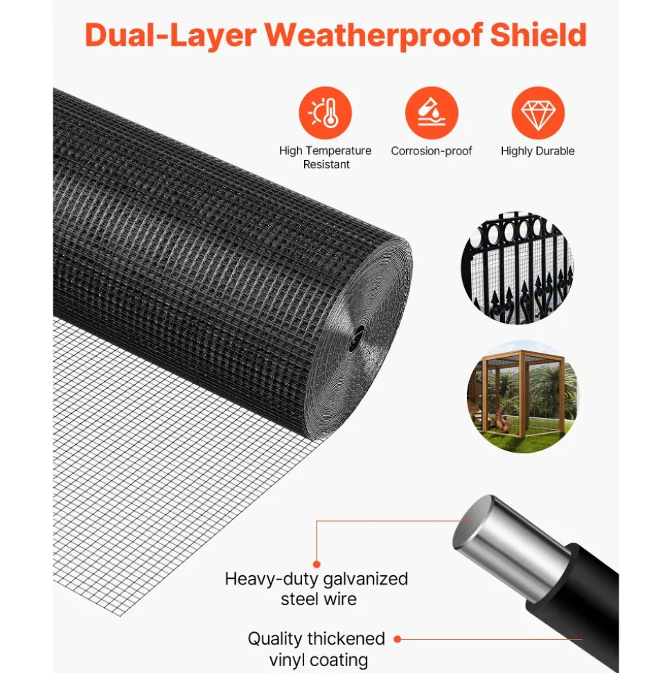 VEVOR Hardware Cloth 60 in x 50 ft, 1/2 in 19 Gauge Galvanized Wire Mesh Roll, Weather-Resistant Vinyl Coated Chicken Wire Fencing, Heavy Duty Welded Garden Plant Fencing for Rabbit Cage Snake Fence