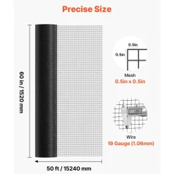 VEVOR Hardware Cloth 60 in x 50 ft, 1/2 in 19 Gauge Galvanized Wire Mesh Roll, Weather-Resistant Vinyl Coated Chicken Wire Fencing, Heavy Duty Welded Garden Plant Fencing for Rabbit Cage Snake Fence