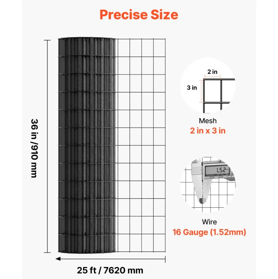 VEVOR Hardware Cloth 36 in x 25 ft, 2 x 3 in Mesh 16 Gauge Galvanized Wire Mesh Roll, Weather-Resistant Vinyl Coated Chicken Wire Fencing, Heavy Duty Welded Garden Plant Fencing for Rabbit Cage Snake