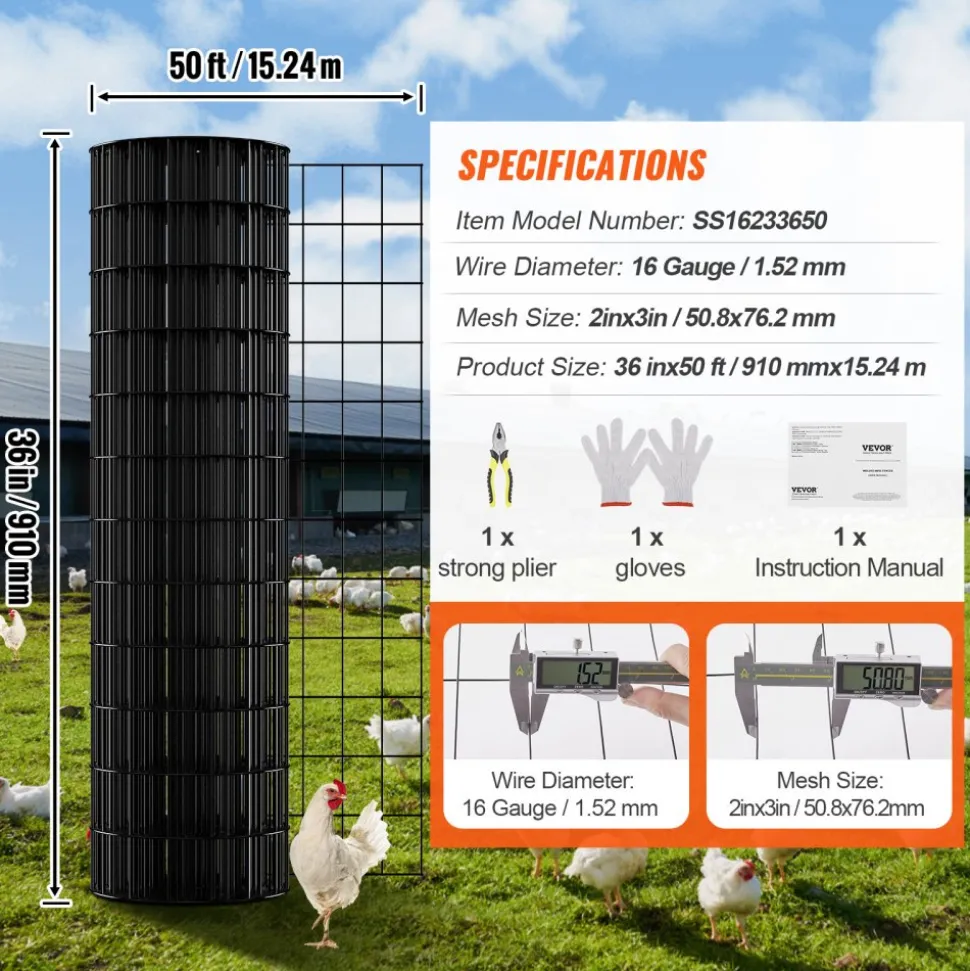 VEVOR Hardware Cloth, 36'' x 50' Galvanized Wire Mesh Roll, 16 Gauge Chicken Wire Fence Roll, Vinyl Coating Metal Wire Mesh for Chicken Coop Barrier, Rabbit Snake Fences, Poultry Enclosures