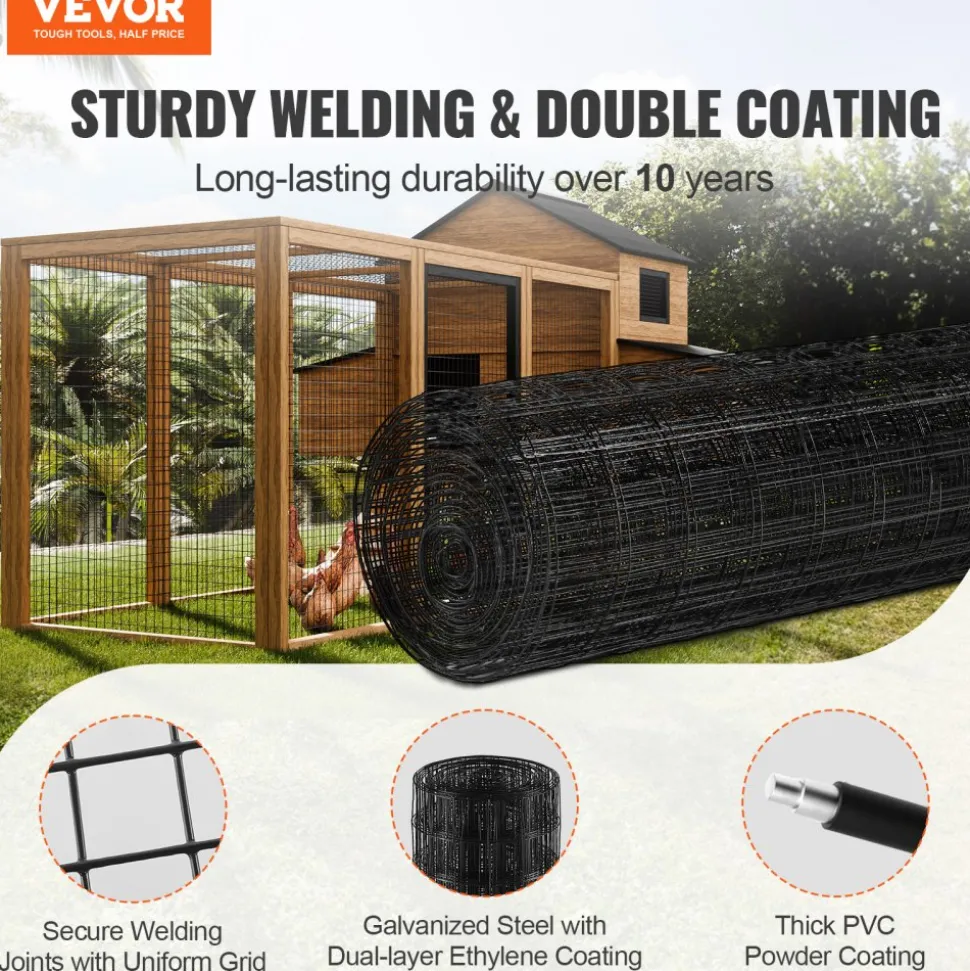 VEVOR Hardware Cloth, 36'' x 50' Galvanized Wire Mesh Roll, 16 Gauge Chicken Wire Fence Roll, Vinyl Coating Metal Wire Mesh for Chicken Coop Barrier, Rabbit Snake Fences, Poultry Enclosures