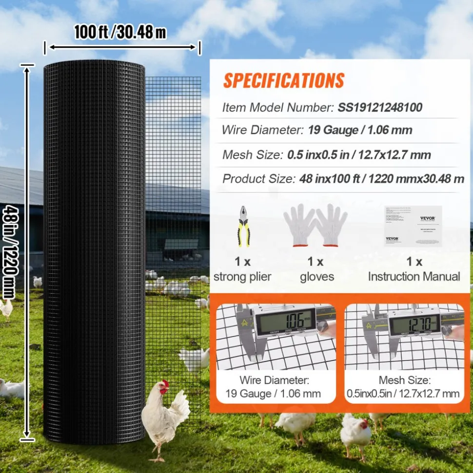 VEVOR Hardware Cloth, 48'' x 100' Galvanized Wire Mesh Roll, 19 Gauge Chicken Wire Fence Roll, Vinyl Coating Metal Wire Mesh for Chicken Coop Barrier, Rabbit Snake Fences, Poultry Enclosures