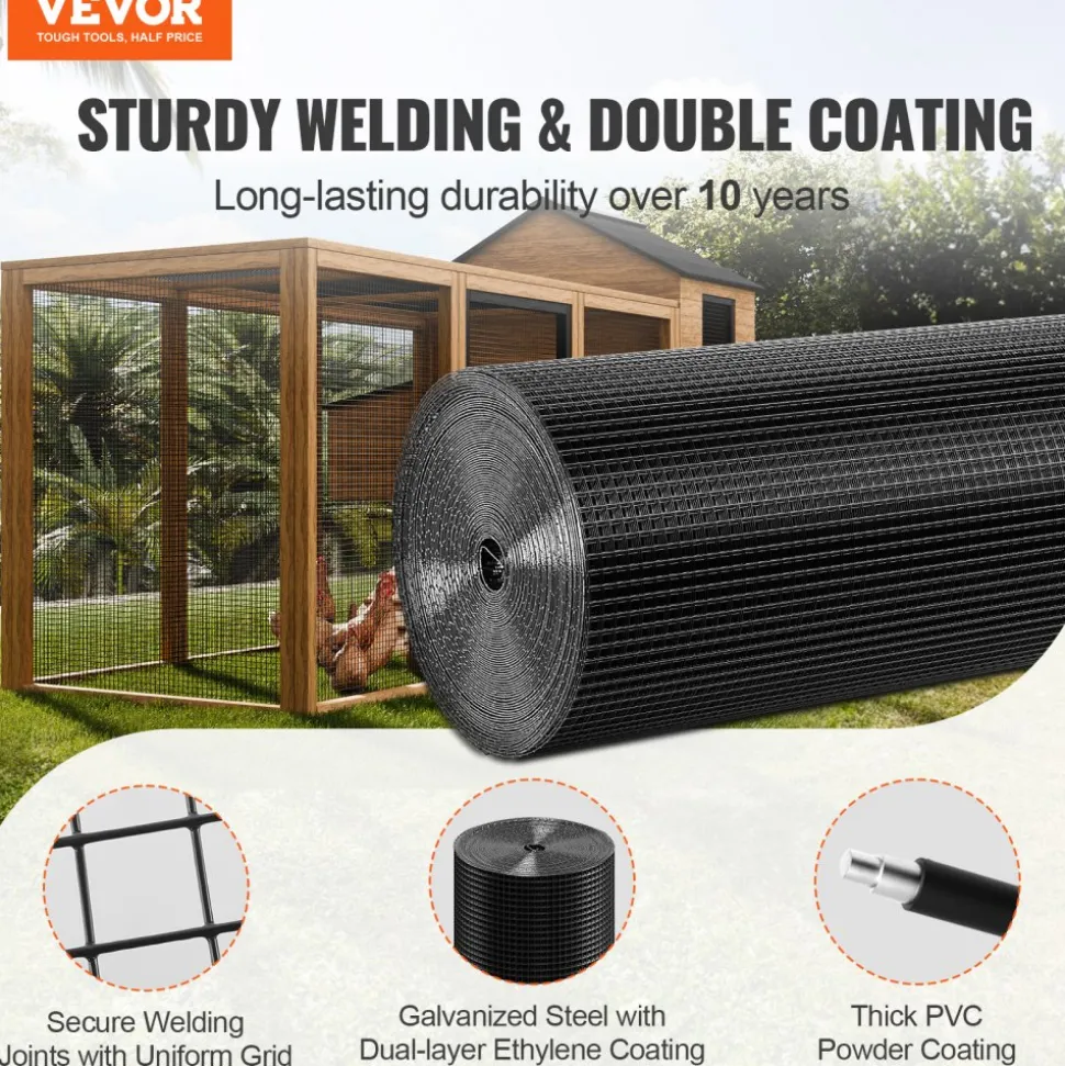 VEVOR Hardware Cloth, 48'' x 50' Galvanized Wire Mesh Roll, 16 Gauge Chicken Wire Fence Roll, Vinyl Coating Metal Wire Mesh for Chicken Coop Barrier, Rabbit Snake Fences, Poultry Enclosures