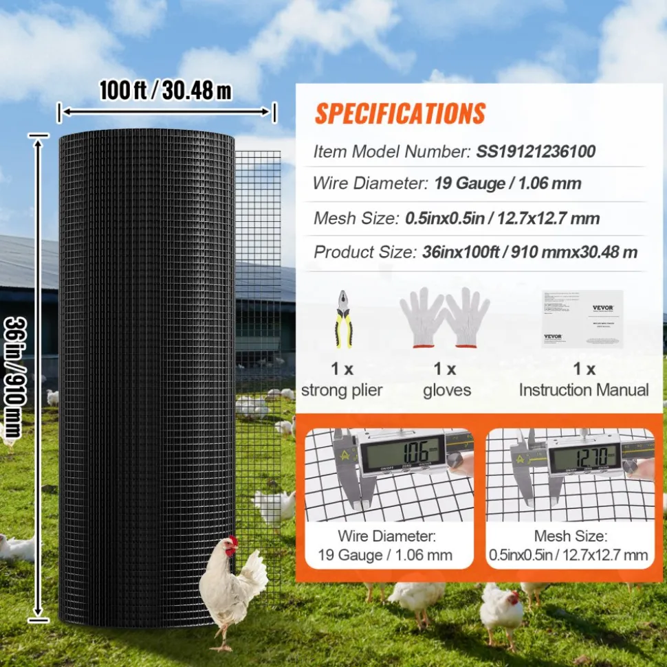 VEVOR Hardware Cloth, 48'' x 50' Galvanized Wire Mesh Roll, 16 Gauge Chicken Wire Fence Roll, Vinyl Coating Metal Wire Mesh for Chicken Coop Barrier, Rabbit Snake Fences, Poultry Enclosures
