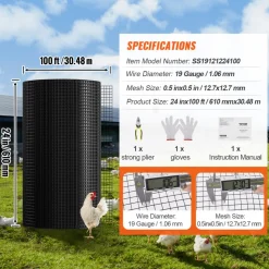 VEVOR Hardware Cloth, 24'' x 100' Galvanized Wire Mesh Roll, 19 Gauge Chicken Wire Fence Roll, Vinyl Coating Metal Wire Mesh for Chicken Coop Barrier, Rabbit Snake Fences, Poultry Enclosures