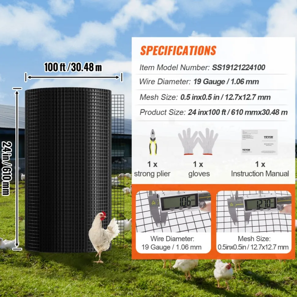 VEVOR Hardware Cloth, 24'' x 100' Galvanized Wire Mesh Roll, 19 Gauge Chicken Wire Fence Roll, Vinyl Coating Metal Wire Mesh for Chicken Coop Barrier, Rabbit Snake Fences, Poultry Enclosures