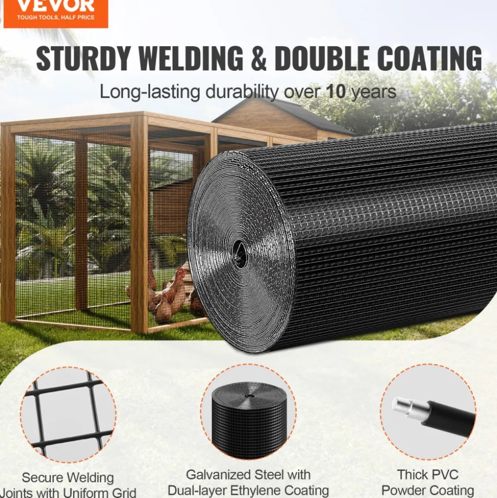 VEVOR Hardware Cloth, 24'' x 100' Galvanized Wire Mesh Roll, 19 Gauge Chicken Wire Fence Roll, Vinyl Coating Metal Wire Mesh for Chicken Coop Barrier, Rabbit Snake Fences, Poultry Enclosures