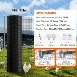 VEVOR Hardware Cloth, 36'' x 50' Galvanized Wire Mesh Roll, 19 Gauge Chicken Wire Fence Roll, Vinyl Coating Metal Wire Mesh for Chicken Coop Barrier, Rabbit Snake Fences, Poultry Enclosures