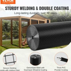 VEVOR Hardware Cloth, 36'' x 50' Galvanized Wire Mesh Roll, 19 Gauge Chicken Wire Fence Roll, Vinyl Coating Metal Wire Mesh for Chicken Coop Barrier, Rabbit Snake Fences, Poultry Enclosures