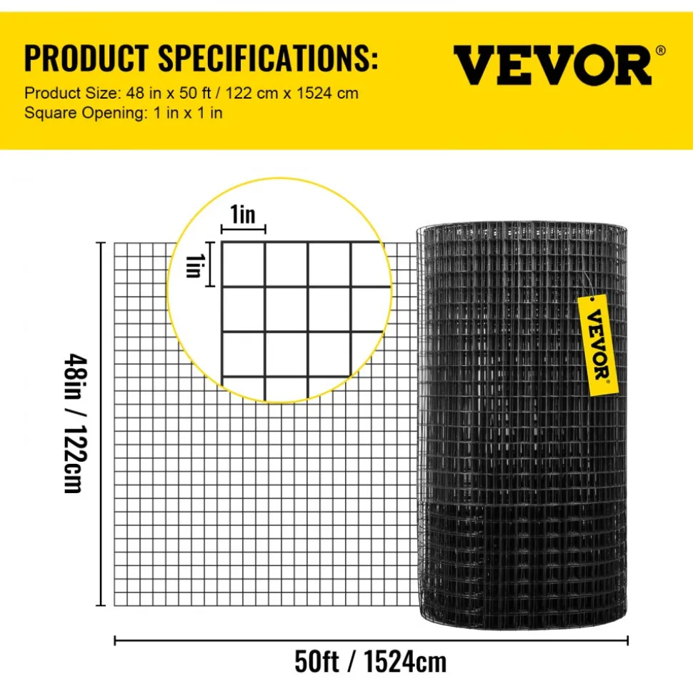 VEVOR Hardware Cloth, 48" x 50' & 1"x1" Mesh Size, Galvanized Steel Vinyl Coated 16 Gauge Chicken Wire Fencing with A Cutting Plier & A Pair of Fabric Gloves, for Garden Fencing & Pet Enclosures,