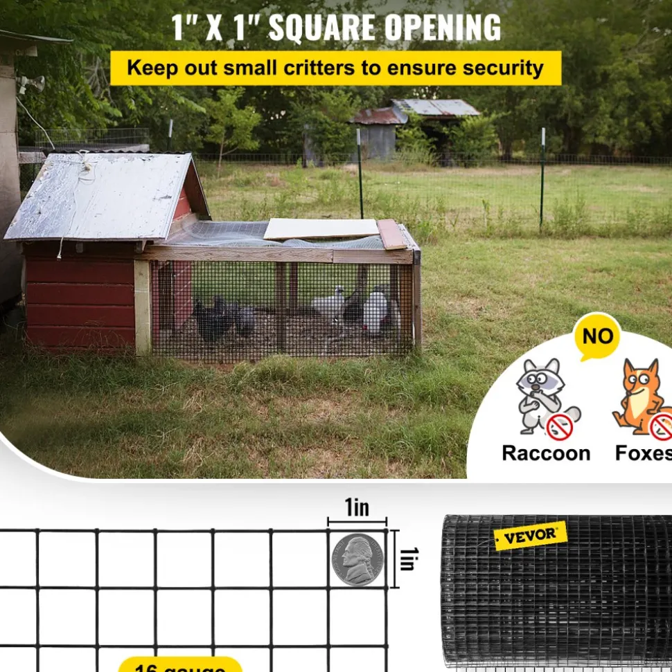 VEVOR Hardware Cloth, 48" x 50' & 1"x1" Mesh Size, Galvanized Steel Vinyl Coated 16 Gauge Chicken Wire Fencing with A Cutting Plier & A Pair of Fabric Gloves, for Garden Fencing & Pet Enclosures,
