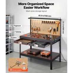 VEVOR Hardwood Workbench, 242.5 lbs Weight Capacity, 47.2-inch Heavy Duty Workbench with Pegboard, 4 AC Outlets & 2 USB Ports, 4.9 ft Cable & 30 Hooks, Garage Work Bench with Drawer for Workshop