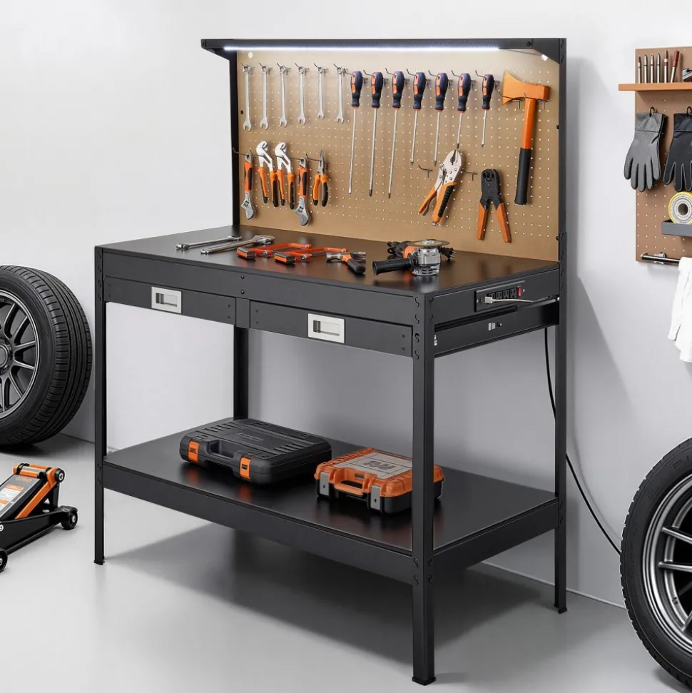 VEVOR Hardwood Workbench, 242.5 lbs Weight Capacity, 47.2-inch Heavy Duty Workbench with Pegboard, 4 AC Outlets & 2 USB Ports, 4.9 ft Cable & 30 Hooks, Garage Work Bench with Drawer for Workshop