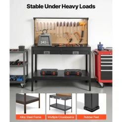 VEVOR Hardwood Workbench, 242.5 lbs Weight Capacity, 47.2-inch Heavy Duty Workbench with Pegboard, 4 AC Outlets & 2 USB Ports, 4.9 ft Cable & 30 Hooks, Garage Work Bench with Drawer for Workshop