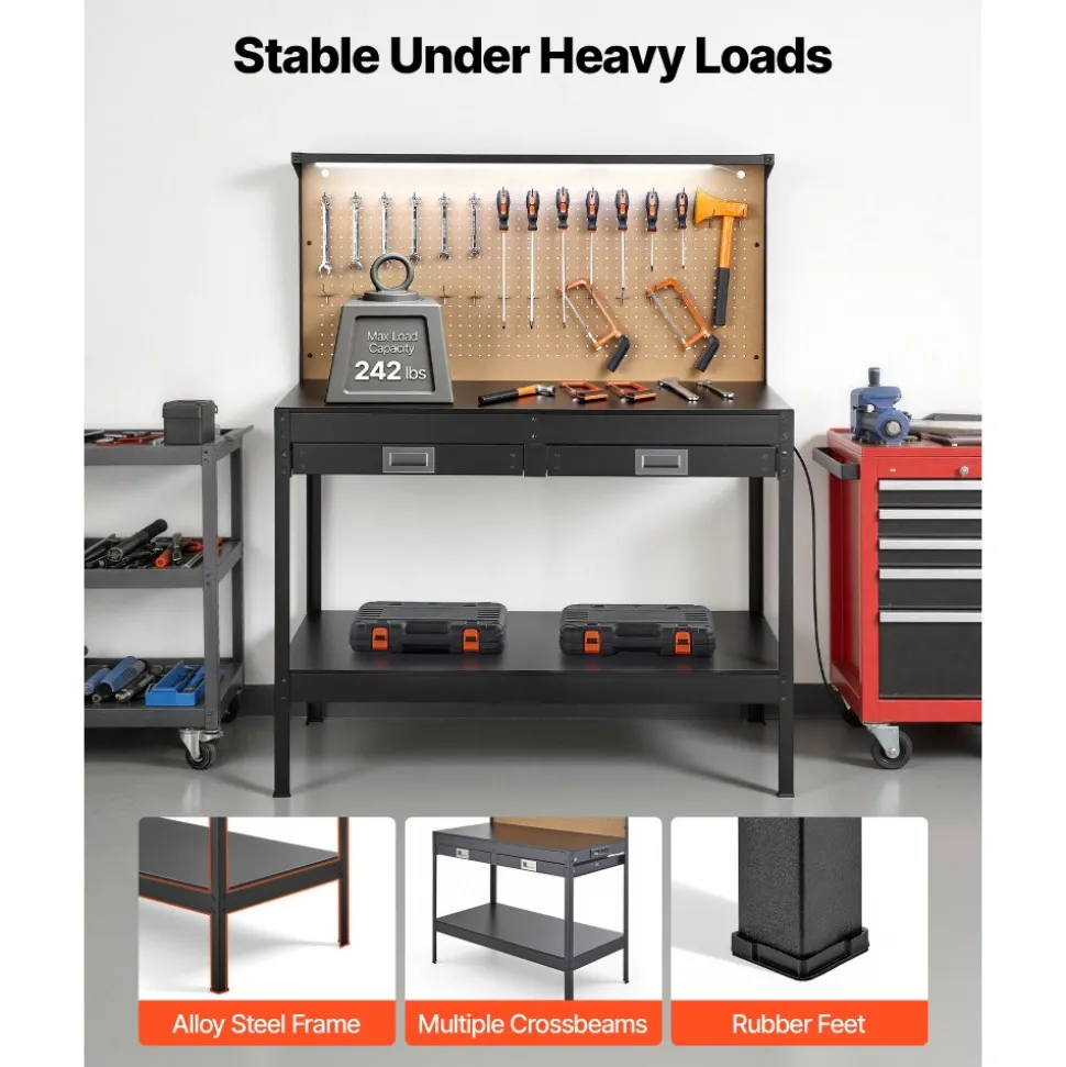 VEVOR Hardwood Workbench, 242.5 lbs Weight Capacity, 47.2-inch Heavy Duty Workbench with Pegboard, 4 AC Outlets & 2 USB Ports, 4.9 ft Cable & 30 Hooks, Garage Work Bench with Drawer for Workshop