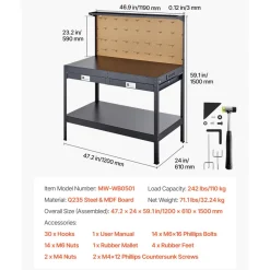 VEVOR Hardwood Workbench, 242.5 lbs Weight Capacity, 47.2-inch Heavy Duty Workbench with Pegboard, 4 AC Outlets & 2 USB Ports, 4.9 ft Cable & 30 Hooks, Garage Work Bench with Drawer for Workshop