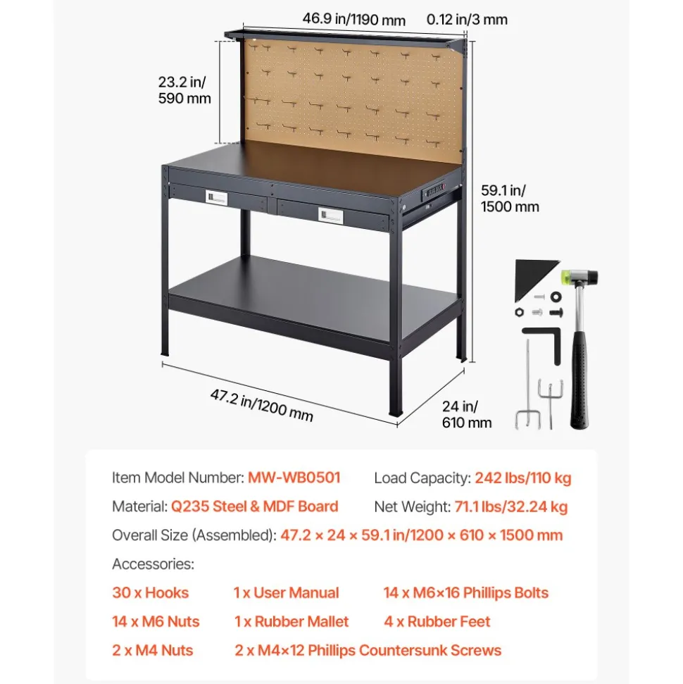 VEVOR Hardwood Workbench, 242.5 lbs Weight Capacity, 47.2-inch Heavy Duty Workbench with Pegboard, 4 AC Outlets & 2 USB Ports, 4.9 ft Cable & 30 Hooks, Garage Work Bench with Drawer for Workshop