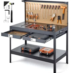 VEVOR Hardwood Workbench, 242.5 lbs Weight Capacity, 47.2-inch Heavy Duty Workbench with Pegboard, 4 AC Outlets & 2 USB Ports, 4.9 ft Cable & 30 Hooks, Garage Work Bench with Drawer for Workshop