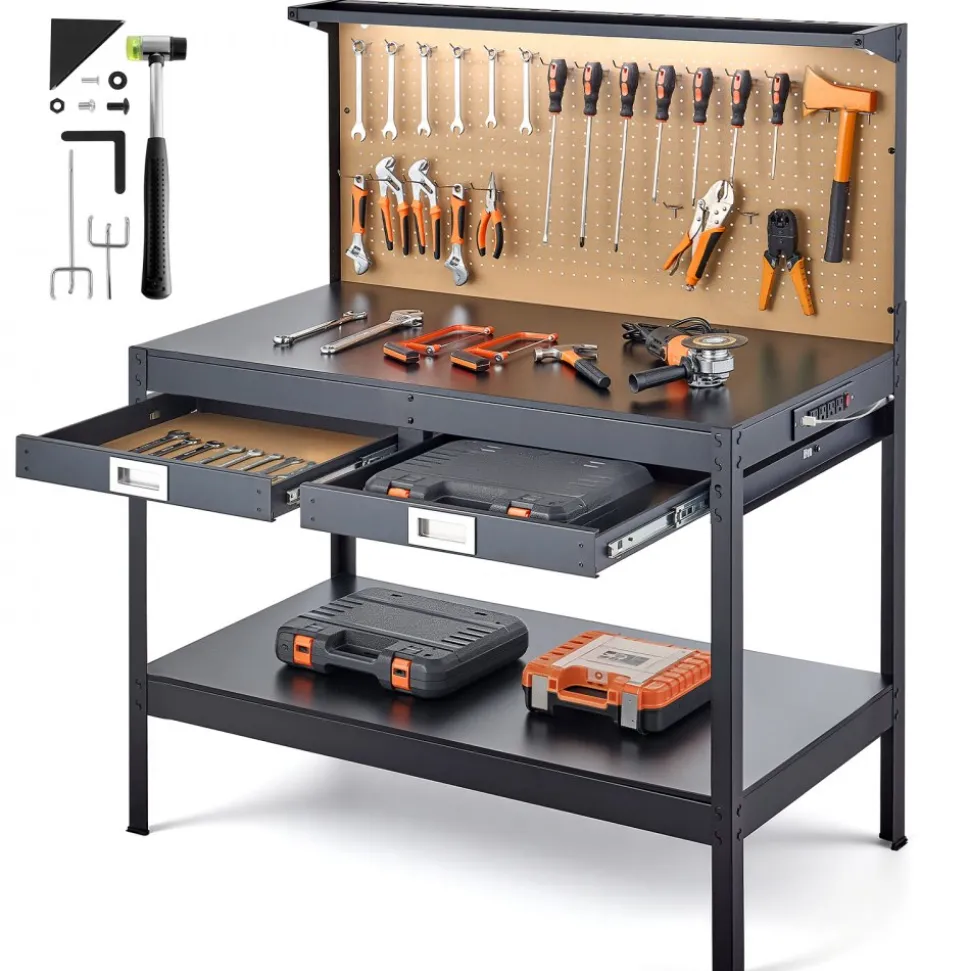 VEVOR Hardwood Workbench, 242.5 lbs Weight Capacity, 47.2-inch Heavy Duty Workbench with Pegboard, 4 AC Outlets & 2 USB Ports, 4.9 ft Cable & 30 Hooks, Garage Work Bench with Drawer for Workshop