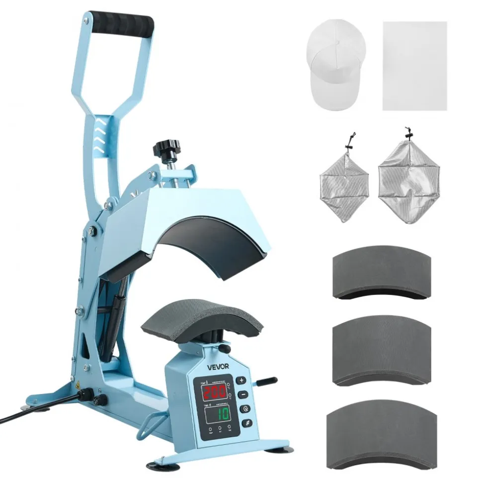 VEVOR Hat Heat Press Machine, with 4 Interchangeable Platens and Caps Stretcher, Precise Temperature & Time Control, Heat Press for Hats and Caps, for HTV Iron On and Sublimation Projects, Light Blue
