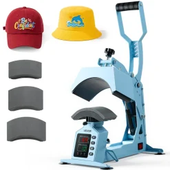 VEVOR Hat Heat Press Machine, with 4 Interchangeable Platens and Caps Stretcher, Precise Temperature & Time Control, Heat Press for Hats and Caps, for HTV Iron On and Sublimation Projects, Light Blue