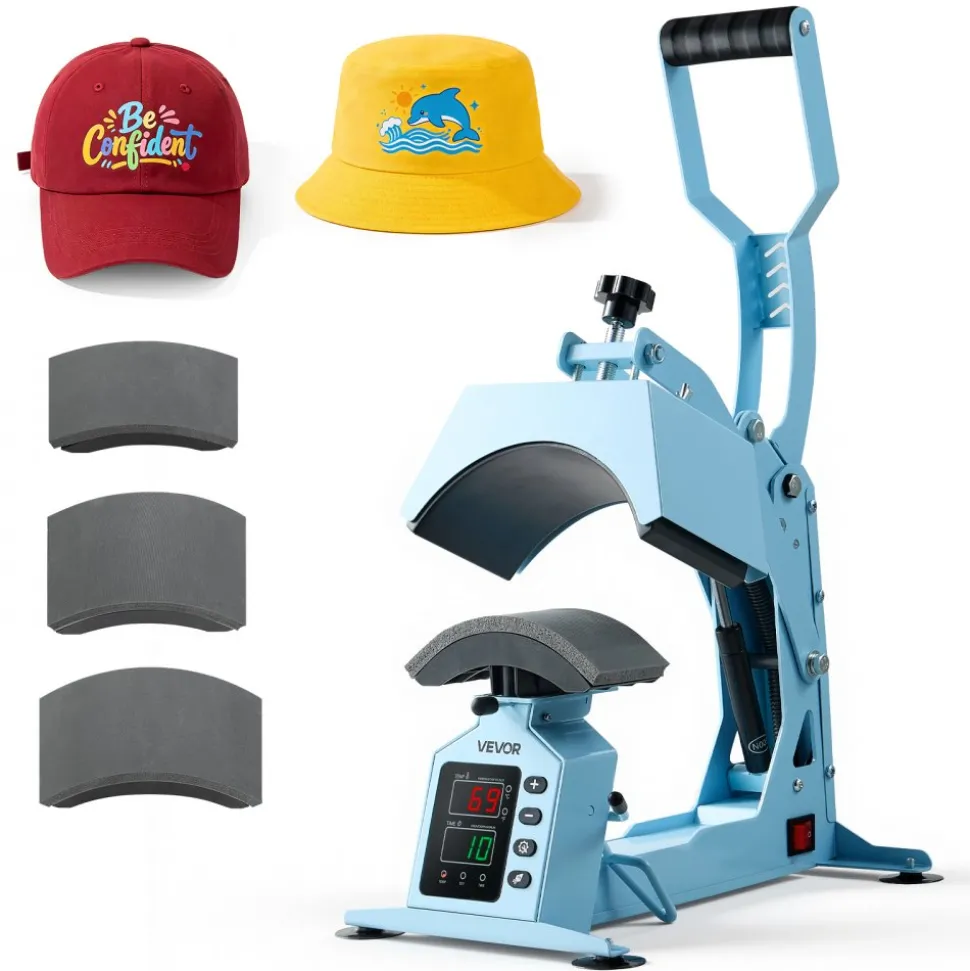 VEVOR Hat Heat Press Machine, with 4 Interchangeable Platens and Caps Stretcher, Precise Temperature & Time Control, Heat Press for Hats and Caps, for HTV Iron On and Sublimation Projects, Light Blue