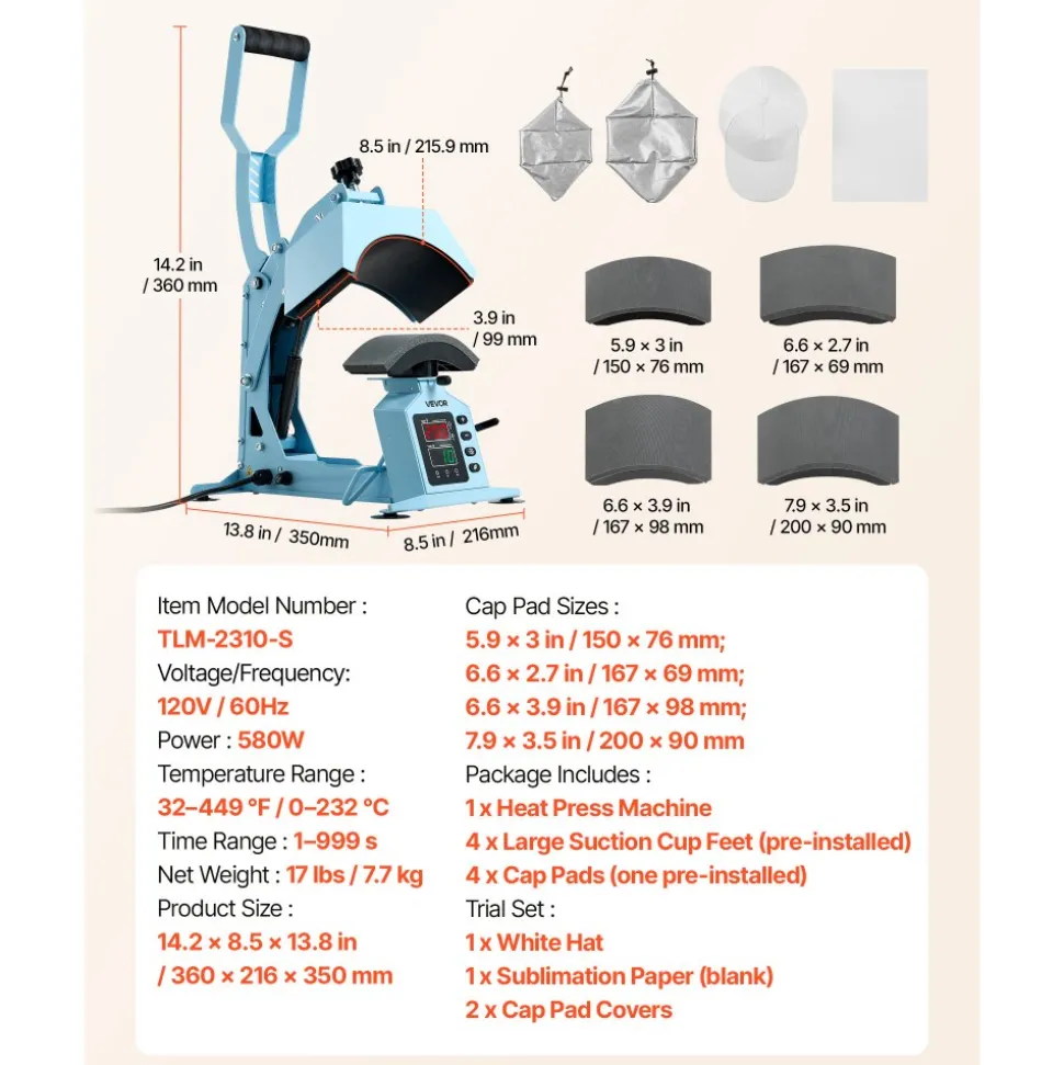 VEVOR Hat Heat Press Machine, with 4 Interchangeable Platens and Caps Stretcher, Precise Temperature & Time Control, Heat Press for Hats and Caps, for HTV Iron On and Sublimation Projects, Light Blue