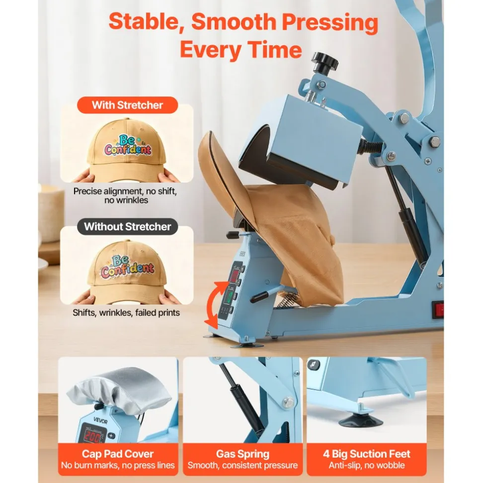 VEVOR Hat Heat Press Machine, with 2 Interchangeable Platens and Caps Stretcher, Precise Temperature & Time Control, Heat Press for Hats and Caps, for HTV Iron On and Sublimation Projects, Light Blue