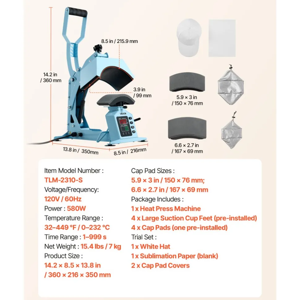 VEVOR Hat Heat Press Machine, with 2 Interchangeable Platens and Caps Stretcher, Precise Temperature & Time Control, Heat Press for Hats and Caps, for HTV Iron On and Sublimation Projects, Light Blue