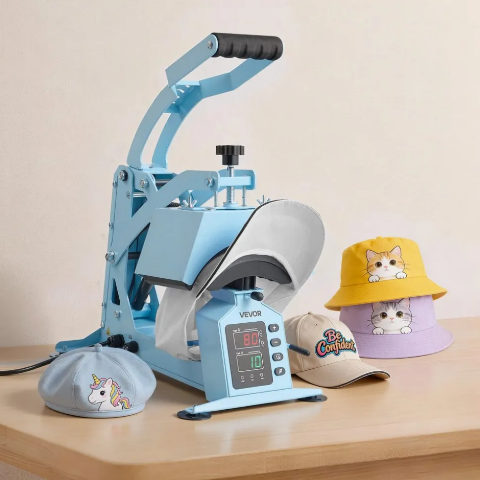 VEVOR Hat Heat Press Machine, with 2 Interchangeable Platens and Caps Stretcher, Precise Temperature & Time Control, Heat Press for Hats and Caps, for HTV Iron On and Sublimation Projects, Light Blue