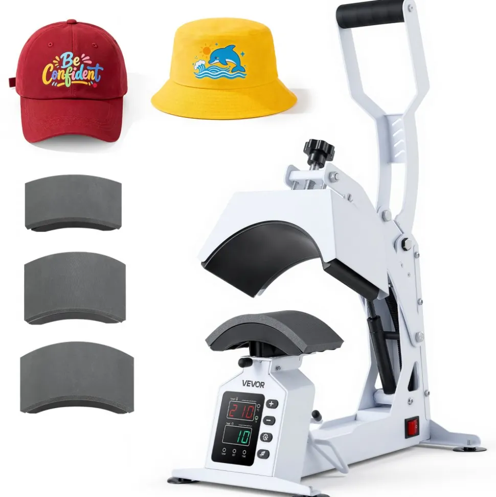 VEVOR Hat Heat Press Machine, with 4 Interchangeable Platens and Caps Stretcher, Precise Temperature & Time Control, Heat Press for Hats and Caps, for HTV Iron On and Sublimation Projects, White