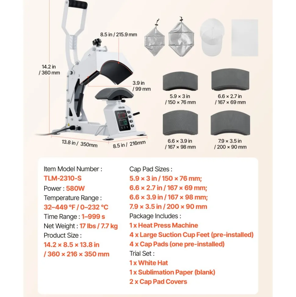 VEVOR Hat Heat Press Machine, with 4 Interchangeable Platens and Caps Stretcher, Precise Temperature & Time Control, Heat Press for Hats and Caps, for HTV Iron On and Sublimation Projects, White