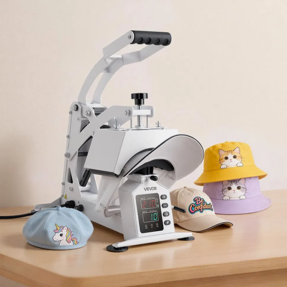 VEVOR Hat Heat Press Machine, with 2 Interchangeable Platens and Caps Stretcher, Precise Temperature & Time Control, Heat Press for Hats and Caps, for HTV Iron On and Sublimation Projects, White