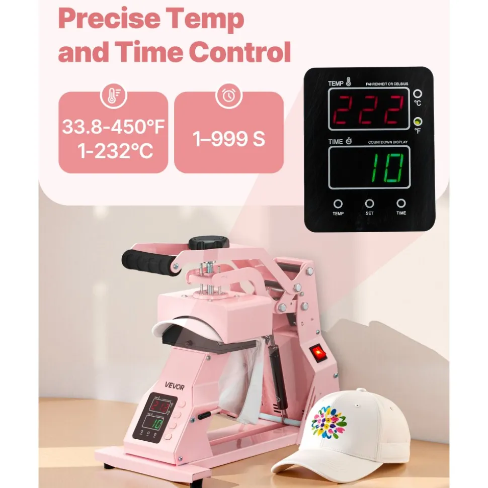 VEVOR Hat Heat Press Machine, with 2pcs Interchangeable Platens, Precise Temperature and Time Control, Hat Press for HTV Iron On and Sublimation Projects, for Caps, Headbands, Cuffs, Face Masks, Pink
