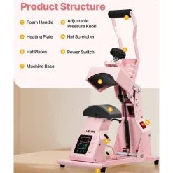 VEVOR Hat Heat Press Machine, with 4pcs Interchangeable Platens, Precise Temperature and Time Control, Hat Press for HTV Iron On and Sublimation Projects, for Caps, Headbands, Cuffs, Face Masks, Pink